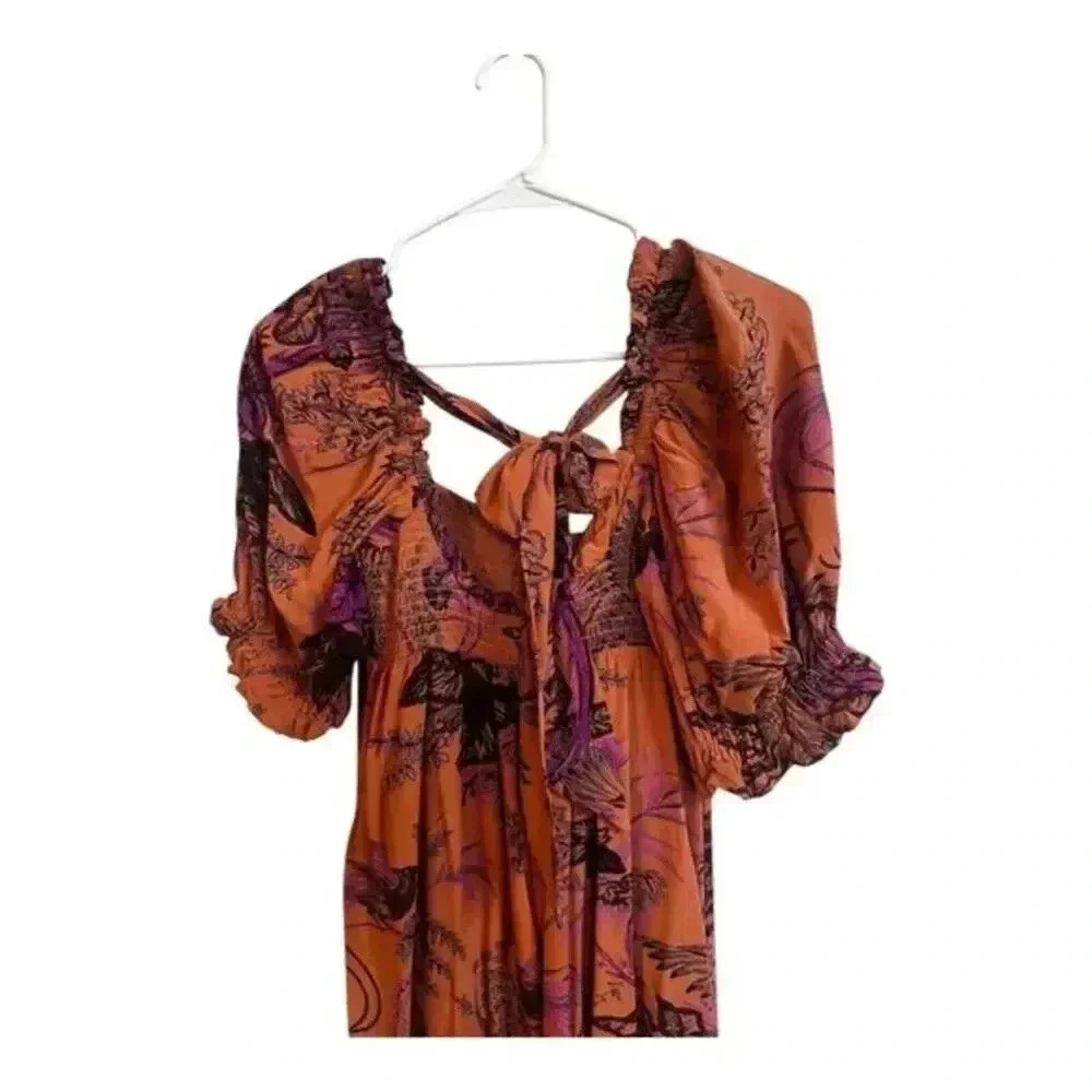 Cottagecore Prairie Floral Midi Dress Smocked Bodice Open Back Anthropologie XS - Picture 6 of 16